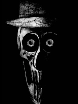 ambiguous_gender anterior_nasal_aperture black_background bone clothing eyeball hat headgear headwear leather leather_clothing leather_hat leather_headgear leather_headwear seam_(sewing) simple_background skeleton solo teeth avargus777 candle_cove the_skin-taker animated_skeleton humanoid undead 2022 absurd_res hi_res high_contrast