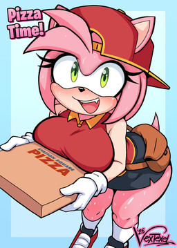 anthro backwards_baseball_cap backwards_hat baseball_cap big_breasts black_nose bodily_fluids bottomwear box breasts clothed clothing container eyelashes female footwear fully_clothed gloves green_eyes hair handwear hat headgear headwear holding_box holding_container holding_object holding_pizza_box looking_at_viewer miniskirt open_mouth open_smile pink_hair pizza_box pouch_(clothing) shirt shoes short_hair skirt smile socks solo sweat teeth text tongue topwear vextexel sega sonic_the_hedgehog_(series) amy_rose eulipotyphlan hedgehog mammal 2026 artist_name english_text hi_res
