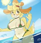 anthro areola beach bikini blush breasts camel_toe clothing cloud dipstick_tail female gesture hand_gesture markings multicolored_tail navel potbelly seaside slightly_chubby smile solo sun swimwear tail tail_markings two-piece_swimsuit v_sign water azlech animal_crossing nintendo isabelle_(animal_crossing) canid canine canis domestic_dog mammal shih_tzu toy_dog absurd_res hi_res