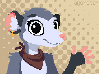 anthro biped black_eyes brown_kerchief ear_piercing ear_ring fingerless_(marking) fur gloves_(marking) gold_(metal) gold_ear_ring grey_body grey_fur kerchief male markings piercing ring_piercing solo anonster american_opossum mammal marsupial virginia_opossum