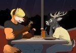 antlers blonde_hair blue_eyes clothing diner ear_piercing food fur grey_body grey_fur hair head_on_hand horn male muscular night orange_body orange_fur peaceful piercing restaurant short_tail sitting smile tail window_seat anonymous_artist kyle_driver canid canine deer fox mammal absurd_res hi_res