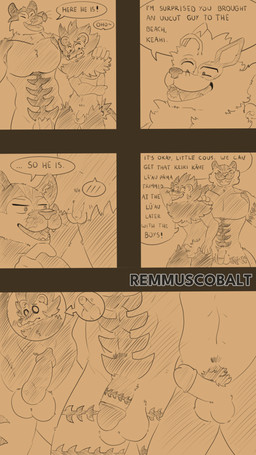anthro circumcised dialogue embarrassed erection exhibitionism foreskin genitals group humanoid_genitalia humanoid_penis larger_male male male/male muscular nude nude_beach nudist penis size_difference slim small_penis text remmus_cobalt nintendo pokemon fan_character generation_4_pokemon generation_7_pokemon incineroar luxray pokemon_(species) 4k 9:16 absurd_res comic english_text hi_res
