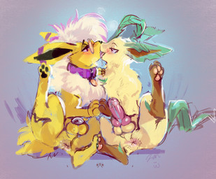 animal_genitalia animal_penis chastity_cage chastity_device collar collar_tag fur genitals kissing_with_tongue male male/male mirrored_pose penis tan_body tan_fur yellow_body yellow_fur zanthu nintendo pokemon eeveelution generation_1_pokemon generation_4_pokemon jolteon leafeon pokemon_(species) hi_res