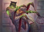 4_arms ambiguous_gender anthro asian_clothing big_sleeves brush clothing east_asian_clothing geometric_background green_magic green_markings holding_brush holding_object horn japanese_clothing leaning leaning_backward markings mouth_closed multi_arm multi_limb simple_background solo jarel_threat hasbro magic:_the_gathering wizards_of_the_coast orochi-bito reptile scalie snake 2021 official_art signature