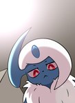:< ambiguous_feral ambiguous_gender black_nose feral fluffy forehead_gem front_view fur gem grey_body grey_fur grey_horn horn inside kemono light looking_at_viewer low-angle_view multicolored_body multicolored_fur neck_tuft pupils red_eyes solo tuft two_tone_body two_tone_fur white_body white_fur white_pupils worm's-eye_view plumflavor nintendo pokemon absol generation_3_pokemon mammal pokemon_(species) 2024 bust_portrait colored digital_media_(artwork) hi_res lighting portrait shaded simple_shading
