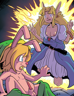 4_fingers 5_fingers animal_genitalia animal_penis anthro balls blonde_hair blue_eyes bodily_fluids breasts clothing dress duo ear_piercing female fingers genital_fluids genitals hair lagomorph_penis male nipples open_mouth penis piercing precum shocked shrinking size_transformation tapering_penis transformation numbertwos nintendo the_legend_of_zelda link_(rabbit_form) princess_zelda humanoid hylian lagomorph leporid mammal rabbit 2019 hi_res