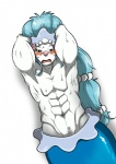 anthro blue_hair bodily_fluids hair male muscular muscular_anthro muscular_male navel simple_background solo sweat alphamoonlight nintendo pokemon generation_7_pokemon pokemon_(species) primarina 2016