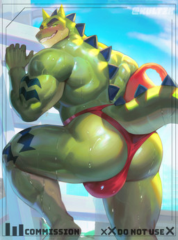 5_fingers anthro barazoku big_butt big_muscles biped blush bodily_fluids bulge butt clothed clothing cloud facial_scar fingers green_body green_eyes green_scales male muscular muscular_anthro muscular_male outside red_clothing red_underwear scales scar sky smile smiling_at_viewer solo sweat sweatdrop sweaty_body underwear underwear_only kult2k crocodile crocodilian reptile scalie 2025 absurd_res hi_res