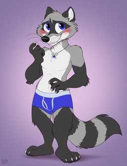 4_fingers anthro blue_eyes blush claws clothed clothing collarbone fingers jewelry looking_away male navel necklace shy smile snout solo standing tail underwear underwear_only whiskers white_claws mimi-fox mammal procyonid raccoon colored digital_drawing_(artwork) digital_media_(artwork) flat_colors hi_res