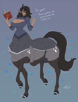 5_fingers after_transformation big_breasts blush blush_lines book breasts bulge cleavage_cutout clothed clothing cutout detailed_bulge dialogue emanata eyebrows eyewear feet fingers glasses gynomorph holding_book holding_object hooves implied_transformation intersex legwear long_ears magic quadruped raised_foot rectangular_glasses solo sparkles split_form standing stockings tail text wmdiscovery93 european_mythology greek_mythology mythology marie_(wmdiscovery93) centaur equid equid_taur humanoid_taur mammal mammal_taur taur english_text hi_res