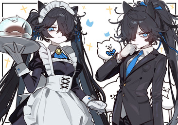 :3 :< bangs bell_accessory black_hair blue_eyes bow_tie butler butler_outfit carrying_another clothing duo_focus emanata eyebrows eyelashes female gloves group hair hair_over_eye handwear holding_object holding_plate long_hair looking_at_viewer maid_apron maid_headdress maid_uniform messy_hair necktie on_shoulder one_eye_obstructed open_mouth plate ponytail pose pupils simple_background slit_pupils standing star_emanata translucent translucent_body twintails_(hairstyle) uniform ebora ponos_corp. the_battle_cats basic_cat gross_cat jelly_dumpling_cat kasli animal_humanoid felid felid_humanoid feline feline_humanoid humanoid mammal mammal_humanoid 2024 detailed digital_drawing_(artwork) digital_media_(artwork) hi_res