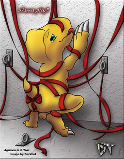 accessory against_surface against_wall backsack bald balls bow_(feature) bow_accessory bow_ribbon butt furgonomics genitals glistening green_eyes inside looking_at_viewer looking_back male narrowed_eyes nude pose presenting presenting_hindquarters question question_mark raised_arm ribbons shadow solo squint tail tail_accessory tail_bow tail_ribbon text yellow_body yellow_skin young darktief bandai_namco digimon agumon digimon_(species) dinosaur lizard prehistoric_species reptile scalie english_text