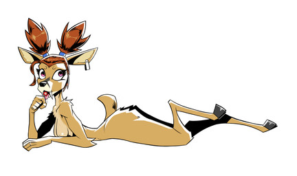 accessory anthro big_butt black_nose bodily_fluids breasts brown_hair butt candy collarbone dessert digitigrade ear_piercing ear_tag eyeliner fangs female female_anthro food fur hair hair_accessory hair_ring holding_candy holding_food holding_lollipop holding_object hooves licking_lollipop light lollipop long_fangs makeup medium_breasts nude nude_anthro nude_female piercing pigtails pink_eyes resting saliva scut_tail shadow short_tail simple_background solo tail teeth thick_thighs tongue tongue_out white_background yellow_body yellow_fur gatonejo mazatlan_(gatonejo) mammal moschid musk_deer 2026 digital_drawing_(artwork) digital_media_(artwork) hi_res