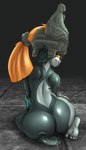 armor big_butt butt clothing feet female fused_shadow headgear headwear helmet looking_at_viewer looking_back nude red_eyes smile soles solo toes ruruduu nintendo the_legend_of_zelda twilight_princess midna humanoid imp 2023 hi_res