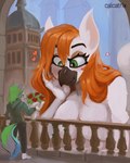 anthro beak big_breasts blush bottomwear bouquet breasts building clothed clothing collar duo extreme_size_difference female flower fur green_eyes green_hair grey_body hair heart_symbol holding_flower holding_object hoodie horn larger_female long_hair looking_at_another macro macro_female male male/female micro nude orange_hair outside pants plant romantic size_difference smaller_male smile tail topwear white_body white_fur calcatrix mythology breeze_(drdewott) avian equid equine gryphon horse mammal mythological_avian mythological_creature mythological_equine pony unicorn digital_media_(artwork) hi_res