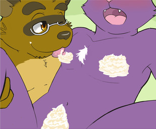 adolescent amber_eyes anthro biped blush brown_body brown_fur brown_nose chest_tuft convenient_censorship countershade_fur countershade_torso countershading cute_fangs dairy_products duo eyebrows eyewear fangs food food_fetish food_play fur glasses leg_grab licking lifting male male/male nipple_fetish nipple_lick nipple_play nipples nude one_eye_closed open_mouth pink_tongue purple_body purple_fur raised_leg raised_leg_grab tan_body tan_fur teeth thigh_grab tongue tongue_out tuft whipped_cream wink young gigogugage morenatsu kounosuke_kuri shin_kuroi canid canine domestic_cat felid feline felis mammal raccoon_dog tanuki 2015 colored