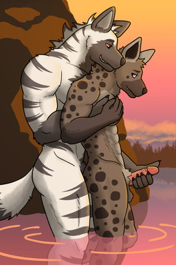 abs animal_genitalia anthro balls biceps brown_body brown_eyes brown_fur brown_spots butt chest_grab claws cloud duo erection eyebrows fangs fur genitals grey_body grey_fur grey_stripes hand_holding hand_on_chest hand_on_pecs handjob hug hugging_another hugging_from_behind humanoid_genitalia humanoid_penis male male/male markings muscular nude outside partially_submerged pec_grab pecs penile penis quads reach_around red_eyes sex sheath smile spots spotted_body spotted_fur standing_in_water striped_body striped_fur stripes sunset tail teeth vein veiny_penis water white_body white_fur artsywoodpecker temptations_ballad_(visual_novel) hamish_(temptations_ballad) marrow_(temptations_ballad) hyena mammal spotted_hyena striped_hyena 2:3 absurd_res hi_res