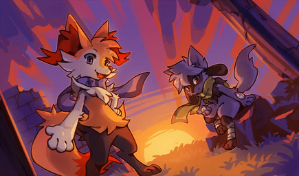 ambiguous_gender anthro biped black_body black_fur blue_body blue_eyes blue_fur blue_hair blue_scarf closed_smile detailed_background duo eyebrows fur grass green_scarf hair inner_ear_fluff looking_at_viewer mouth_closed open_mouth open_smile paws plant pupils red_body red_eyes red_fur scarf sharp_teeth sitting smile standing sun sunset tail teeth tongue tuft white_body white_fur white_sclera yellow_body yellow_fur flavia-elric nintendo pokemon pokemon_mystery_dungeon spike_chunsoft braixen generation_4_pokemon generation_6_pokemon pokemon_(species) riolu 2026 hi_res