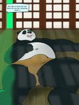 ball_slip balls balls_out belly bulge clothed clothing dialogue erection erection_under_clothing feet genitals lying male morning_wood on_back overweight overweight_male sleeping slightly_chubby slightly_chubby_male solo text thick_thighs unexpected_erection wardrobe_malfunction mamayong_(artist) dreamworks kung_fu_panda master_po_ping bear giant_panda mammal absurd_res english_text hi_res