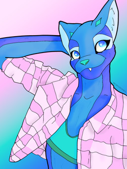 ambiguous_gender anthro blue_body blue_eyes blue_fur bralette clothed clothing fur gradient_background hand_behind_head looking_at_viewer male open_clothing open_shirt open_topwear selfie shirt simple_background smile soft_focus solo topwear curiouspuparts samwiches_(curiouspuparts) canid canine canis domestic_dog mammal 3:4 absurd_res digital_media_(artwork) hi_res