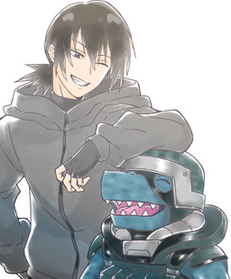 anthro armor black_hair clothing digital_camo duo fingerless_gloves gloves grin hair handwear headgear helmet male ponytail sharp_teeth smile teeth 74m6dg bandai_namco digimon digimon_beatbreak haruomi_sone commandramon digimon_(species) human mammal scalie hi_res