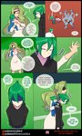 2021 avian bottomwear breasts circus cleavage clothed clothing comic dialogue dress duffel_bag english_text eye_patch eyes_closed eyewear facial_hair female flags forest gavin_(sirgallade) generation_1_pokemon generation_6_pokemon green_hair greta_(sirgallade) group hair hawlucha hi_res human human_focus jewelry machamp male mammal matemi mustache necklace nintendo not_furry_focus pants plant pokemon pokemon_(species) purple_eyes purple_sclera red_eyes shirt silver_soul_(comic) sir_gallade sweater tent text topwear tree weights
