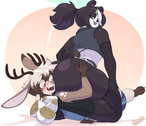 3_toes 5_fingers anthro antlers armwear barefoot big_butt black_body black_fur black_lips blush bottomwear brown_body brown_fur brown_hair butt butt_grab clothed clothing crossed_legs cute_fangs denim denim_bottomwear denim_clothing denim_shorts duo facesitting fangs feet female female_facesitting_male fingers fishnet_armwear fishnet_clothing fishnet_legwear footwear fur hair hair_over_eye hand_on_butt high_heels horn hug huge_butt hugging_another hugging_butt kneeling legwear lips looking_back lying male male/female midriff multicolored_body multicolored_fur multicolored_hair on_back one_eye_obstructed open_mouth ponytail purple_eyes shirt shoes short_hair shorts sitting_on_another sneakers socks tank_top teeth thick_thighs toes topwear two_tone_body two_tone_fur two_tone_hair vest white_body white_fur white_hair wide_hips skecchiart aster_faye vivian_vivi bear giant_panda jackalope lagomorph mammal 2022 hi_res signature