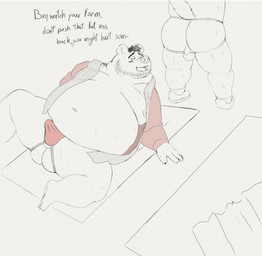 anthro balls beard belly big_belly bodily_fluids butt clothed clothing duo erection erection_under_clothing exercise facial_hair fingers genitals hair hoodie humanoid_hands jock jockstrap lying male male/male markings moobs navel nipples open_mouth overweight overweight_male paws simple_background sweat text topwear underwear sato_leone horatio_(sato_leone) kenny_(sato_leone) bear canid canine mammal 2023 absurd_res digital_media_(artwork) english_text hi_res