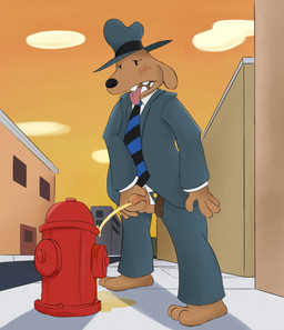 anthro balls bodily_fluids fire_hydrant flaccid foreskin genital_fluids genitals male peeing peeing_on_fire_hydrant penis public solo town urine sam_and_max samuel_dog canid canine canis domestic_dog mammal hi_res source_request