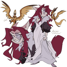 1_eye ambiguous_gender anthro claws clothing coat dress duo eyewear feathers female footwear fur glasses hair high_heels holding_clothing holding_object light_body light_fur long_ears long_hair long_tail looking_aside looking_at_viewer pointy_ears red_body red_eyes red_fur red_hair shoes simple_background smile spread_wings tail toe_claws topwear wearing_glasses whiskers wings yellow_body yellow_feathers marcie_montis jack_brundwind mirime ambiguous_species avian felid feline mammal murid murine rodent 1:1 digital_drawing_(artwork) digital_media_(artwork) hi_res