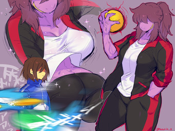 anthro athletic ball bodily_fluids bottomwear breasts butt butt_cleavage clothed clothing duo female grin hair hair_over_eyes jacket multiple_angles muscular muscular_female pants shirt smile sportswear sweat topwear suurin_2 deltarune undertale_(series) berdly kris_dreemurr susie_(deltarune) avian bird human mammal reptile scalie 2018 4:3 absurd_res digital_media_(artwork) hi_res shaded sketch