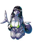 big_breasts bikini black_hair breasts clothing female grey_body hair long_hair nipples purple_eyes shark_tail shark_teeth smile smiling_at_viewer solo swimwear tattoo two-piece_swimsuit kuroonivt daniela_sanchez fan_character fish marine shark absurd_res hi_res trans_(lore) trans_woman_(lore)