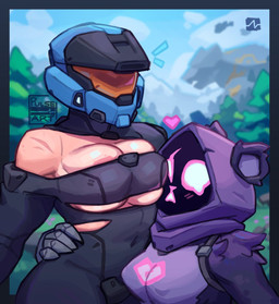 anthro areola areola_slip armor big_breasts blue_helmet bodysuit breasts clothing duo empty_eyes eye_scar facial_scar female front_view fur gauntlets gloves grey_bodysuit grey_clothing grey_skinsuit handwear headgear heart_symbol helmet navel_outline obscured_face pink_areola pink_nose purple_body purple_fur purple_hood scar skinsuit tan_body tan_skin thick_thighs tight_clothing torn_bodysuit white_eyes wide_hips pulseblock epic_games fortnite halo_(series) microsoft xbox_game_studios raven_team_leader bear human mammal spartan_(halo) hi_res