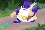 anthro belt clothing duo feral fishing_rod footwear forest fur fur_markings gloves grass green_body handwear horizontal_pupils jungle leaf male markings overweight plant pupils purple_body purple_fur purple_line_art shoes sticks tree yellow_eyes lunarpanda8686 sega sonic_the_hedgehog_(series) big_the_cat froggy_(sonic) amphibian domestic_cat felid feline felis frog mammal 3:2 colored_line_art digital_media_(artwork)