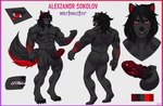 abs alexzandr_sokolov anthro arm_markings armpit_hair balls besky_(artist) biceps black_hair black_tail body_hair butt canid canine canis digital_media_(artwork) digitigrade fur genitals gradient_penis hair long_hair looking_at_viewer male mammal markings medial_ring model_sheet muscular muscular_male pecs penis red_ears red_eyes red_markings red_tail smile smirk snout solo tail wolf