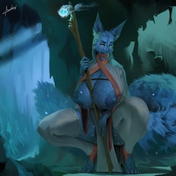 anthro asian_clothing big_breasts blue_body blue_fur breasts cave clothing crouching east_asian_clothing fishnet_clothing fur hanging_breasts japanese_clothing kimono leggings legwear long_tail looking_at_viewer nipples staff tail blulesnsfw canid canine fox mammal furry absurd_res hi_res