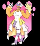 anthro big_penis bottomwear clothing femboy genitals hair half-erect humanoid_genitalia humanoid_penis long_neck male penis pose simple_background skirt solo standing transparent_background white_hair sophymn nintendo pokemon avian espathra generation_9_pokemon pokemon_(species) alpha_channel hi_res