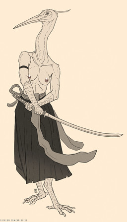 anthro areola beak belt breasts clothed clothing female katana melee_weapon nipples solo sword text topless weapon arcr-cric avian bird heron pelecaniform 2026 digital_media_(artwork) hi_res url