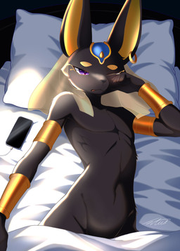 anthro armlet bed bedding bird's-eye_view black_body black_fur bracelet cellphone ear_piercing ear_ring electronics featureless_chest fur furniture gold_(metal) gold_jewelry high-angle_view humanoid_hands jewelry light light_beam long_ears lying lying_on_bed male male_anthro navel nude nude_anthro nude_male on_back on_bed phone piercing pillow purple_eyes ring_piercing smartphone solo sunbeam sunlight under_covers netiel egyptian_mythology middle_eastern_mythology mythology anubis anubian_jackal canid canine canis deity jackal mammal 2026 digital_media_(artwork) hi_res japanese_description signature