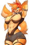 abs anthro armband armpit_hair big_breasts blue_eyes body_hair bottomwear bracelet breasts chest_tuft clothed clothing collar ear_piercing ear_ring female fur glistening glistening_breasts glistening_thighs hair highlights_(coloring) hotpants jewelry leash looking_at_viewer muscular muscular_female navel orange_body orange_fur orange_hair piercing raised_arm red_highlights ring_piercing shorts simple_background solo spiked_armband spiked_collar spikes tail tuft white_background taigazkr vchiban buffpup canid canine canis mammal wolf hi_res