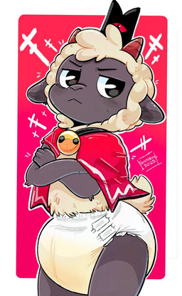anthro bell bodily_fluids clothed clothing crossed_arms diaper frown fur genital_fluids hat headgear headwear horn looking_at_viewer male pantsless simple_background solo standing tail unclean_diaper urine used_diaper wet_diaper white_body white_diaper white_fur white_wool wool_(fur) fructoruu cult_of_the_lamb massive_monster_(studio) lamb_(cult_of_the_lamb) red_crown_(cult_of_the_lamb) bovid caprine mammal sheep hi_res signature