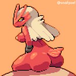 anthro blue_eyes breasts butt female medium_breasts nipples nude red_body scuted_arms scutes sitting solo snaif nintendo pokemon blaziken generation_3_pokemon pokemon_(species) 1:1 digital_media_(artwork) pixel_(artwork)