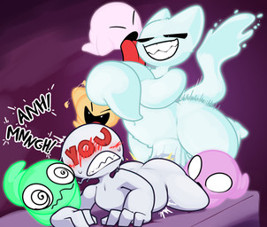 abdominal_bulge abstract_background ambiguous_gender ambiguous_penetration anthro being_held blush blush_lines bodily_fluids floating from_behind_position genitals glowing group hyper hyper_genitalia licking male penetration penis pinned sex text tongue rabblet edo_(rabblet) domestic_cat felid feline felis ghost humanoid mammal spirit hi_res