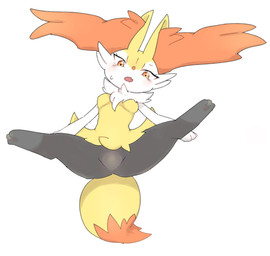 anthro black_legs blush blush_lines bodily_fluids breasts digitigrade dipstick_tail featureless_breasts featureless_crotch female fluffy fluffy_tail fur inner_ear_fluff lying markings neck_tuft null on_back open_mouth orange_eyes orange_inner_ear_fluff orange_tail_tip simple_background solo spread_legs spreading sweat sweatdrop tail tail_markings tuft white_background white_hands yellow_body yellow_fur yellow_tail yakiniku628 nintendo pokemon braixen generation_6_pokemon pokemon_(species) colored hi_res