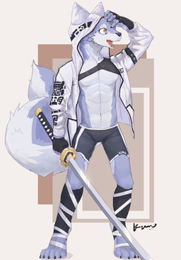 5_toes amber_eyes anthro arm_strap athletic athletic_male biped black_bottomwear black_claws black_clothing black_fingerless_gloves black_gloves black_handwear black_hoodie black_legwear black_shorts black_topwear blue_body blue_fur bottomwear brown_background claws clothed clothed_anthro clothed_male clothing countershade_face countershade_feet countershade_legs countershade_neck countershade_tail countershade_torso countershading digitigrade fangs feet finger_claws fingerless_gloves fluffy fluffy_tail front_view fully_clothed fully_clothed_anthro fully_clothed_male fur furgonomic_topwear furgonomics gloves handwear head_turned holding_katana holding_melee_weapon holding_object holding_sword holding_weapon hoodie katana legwear looking_aside male melee_weapon multicolored_body multicolored_fur open_clothing open_hoodie open_mouth open_topwear print_clothing print_hoodie print_topwear pupils red_tongue shorts simple_background snout solo sword tail teeth text text_on_bottomwear text_on_clothing text_on_shorts toe_claws toes tongue tongue_showing topwear two_tone_body two_tone_fur weapon white_background white_body white_bottomwear white_clothing white_countershading white_fur white_hoodie white_pupils white_sclera white_shorts white_topwear kuromonsart felid mammal 2022 absurd_res artist_name colored dated digital_drawing_(artwork) digital_media_(artwork) english_text full-length_portrait hi_res portrait