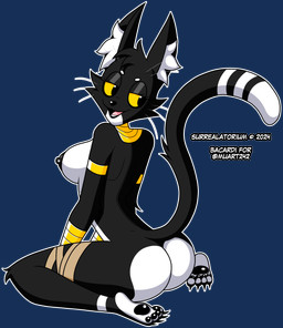 4_toes accessory anthro armlet black_body black_fur black_nipples breasts butt claws countershading dipstick_tail egyptian feet female fur gold_(metal) gold_armlet gold_jewelry gold_usekh inner_ear_fluff jewelry looking_at_viewer looking_back looking_back_at_viewer markings nipple_piercing nipples nude open_mouth open_smile pawpads piercing plantigrade rear_view simple_background sitting_on_knees smile solo tail tail_markings toe_claws toes transparent_background tuft usekh whiskers white_body white_butt white_chest white_countershading white_fur yellow_sclera surrealatorium bacardi_(muart242) domestic_cat felid feline felis mammal 2024 absurd_res alpha_channel hi_res