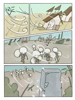 ambiguous_gender bag bamboo blue_sky building clothing eyes_closed featureless_face flashback group holding_baby house human_only log not_furry plant robe rock sack sad shrub sky stick_figure text tree tree_stump walking walking_away wind wood unknown_artist valt_the_wonder_deer human mammal 2026 chinese_text comic hi_res official_art translated