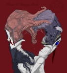 ambiguous_gender blue_eyes bodily_fluids body_horror chimera_synx drooling duo gastric_prolapse heart_symbol hyper_prolapse kissing mammal monster nightmare_fuel oral_prolapse prolapse rain_silves red_background saliva sergal simple_background synx tongue touching_prolapses what what_has_science_done where_is_your_god_now