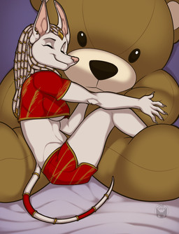 anthro bottomwear breasts clothed clothing dreadlocks eyes_closed female fur hair plushie shorts sitting smile solo tail topwear under_boob inktiger canid canine canis jackal mammal digital_media_(artwork)