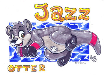anthro black_nose brown_pupils glistening glistening_nose green_eyes grey_body inflatable logo male male_anthro open_mouth open_smile pupils side_view smile solo white_body pandapaco jazzotter animate_inanimate living_inflatable living_pool_toy mammal mustelid otter 2016 artist_logo dated signature traditional_media_(artwork)
